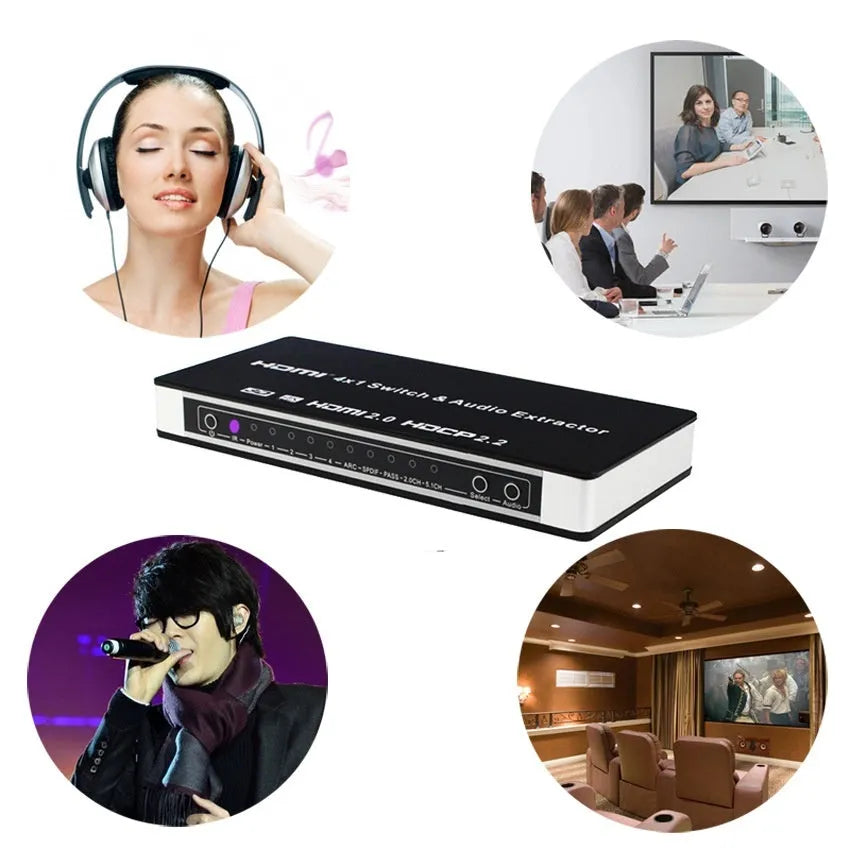 Black HDMI switch box with four inputs one output for HD video switching with remote control