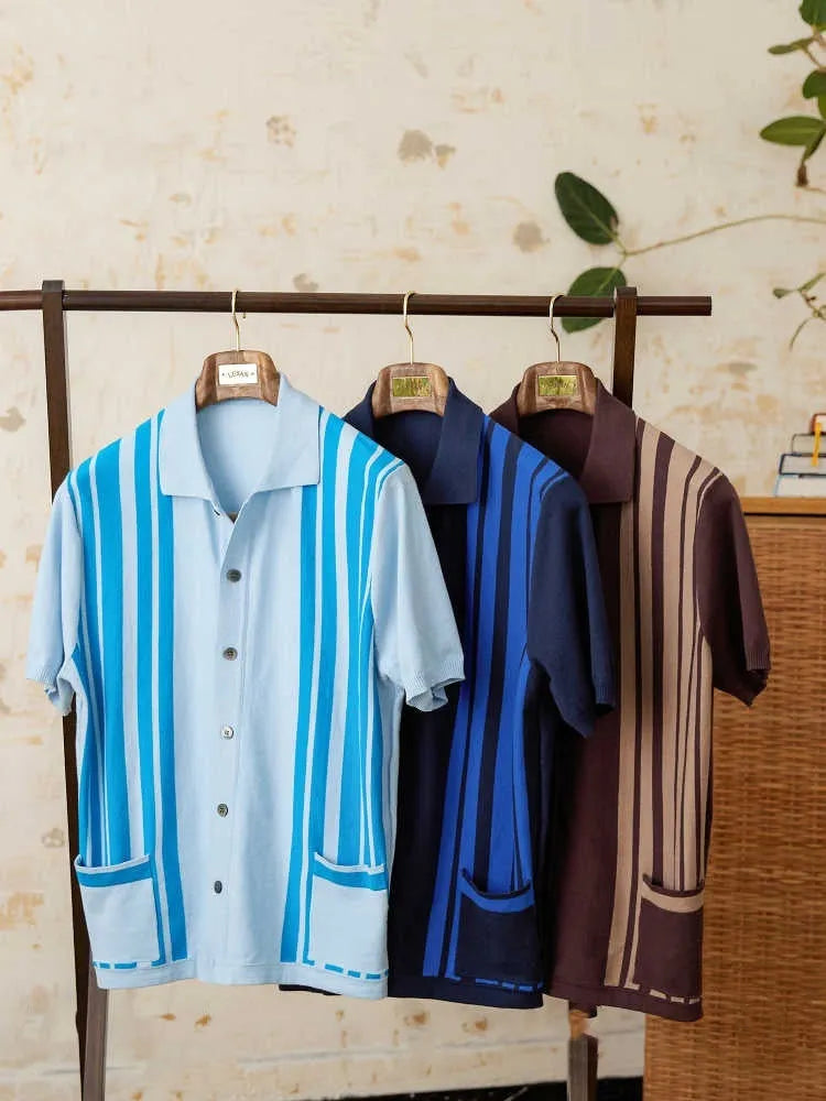 Short-sleeved cotton polo shirt with knitted cardigan design in striped pattern showing lapel collar detail