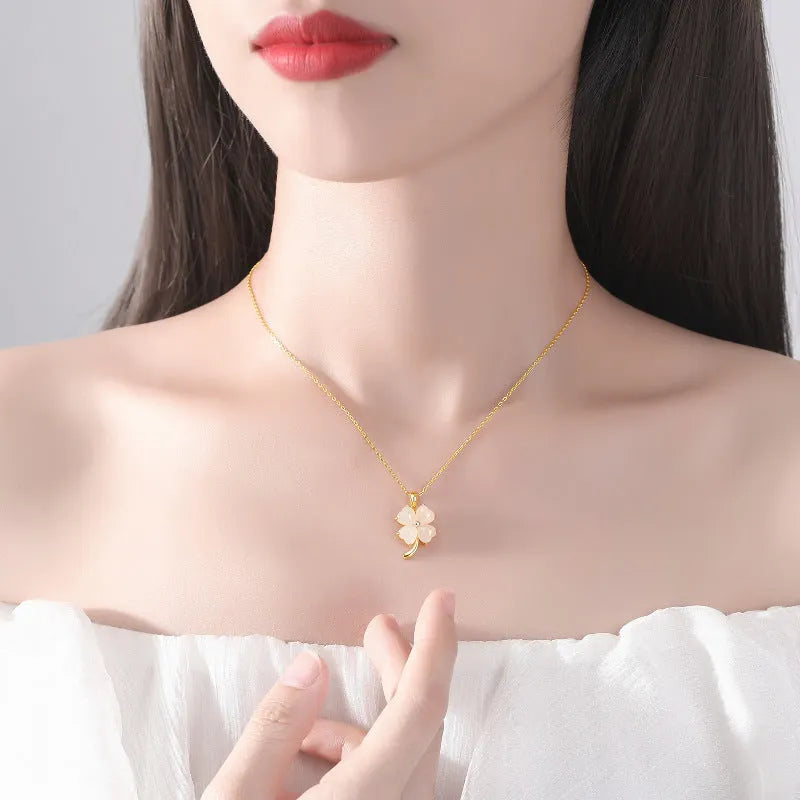 Four-leaf clover necklace with Hetian jade pendant on a 925 sterling silver O-shaped chain, 41-50cm, gold or white gold colour