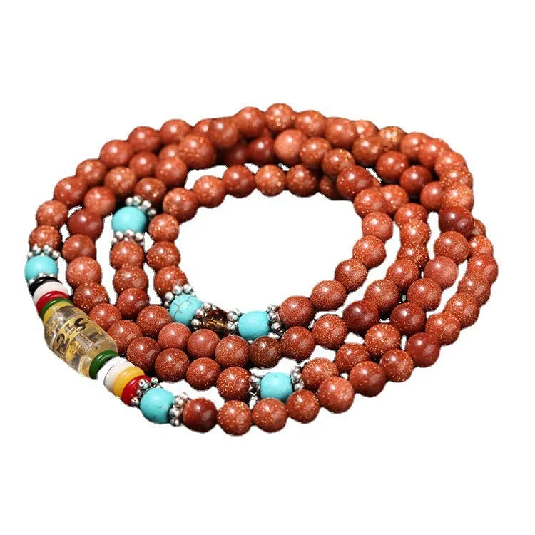 Golden star stone women's mantra bracelet with 108 nugget sand pieces and fu character design