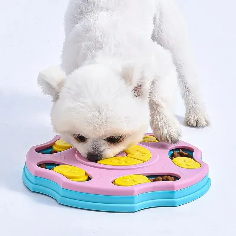 Blue dog puzzle feeder bowl with removable difficulty components for interactive slow feeding
