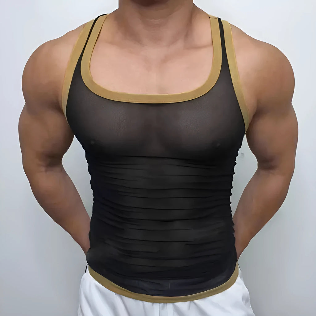 Men's solid colour polyester mesh fitness vest shown in white and black, laid flat.