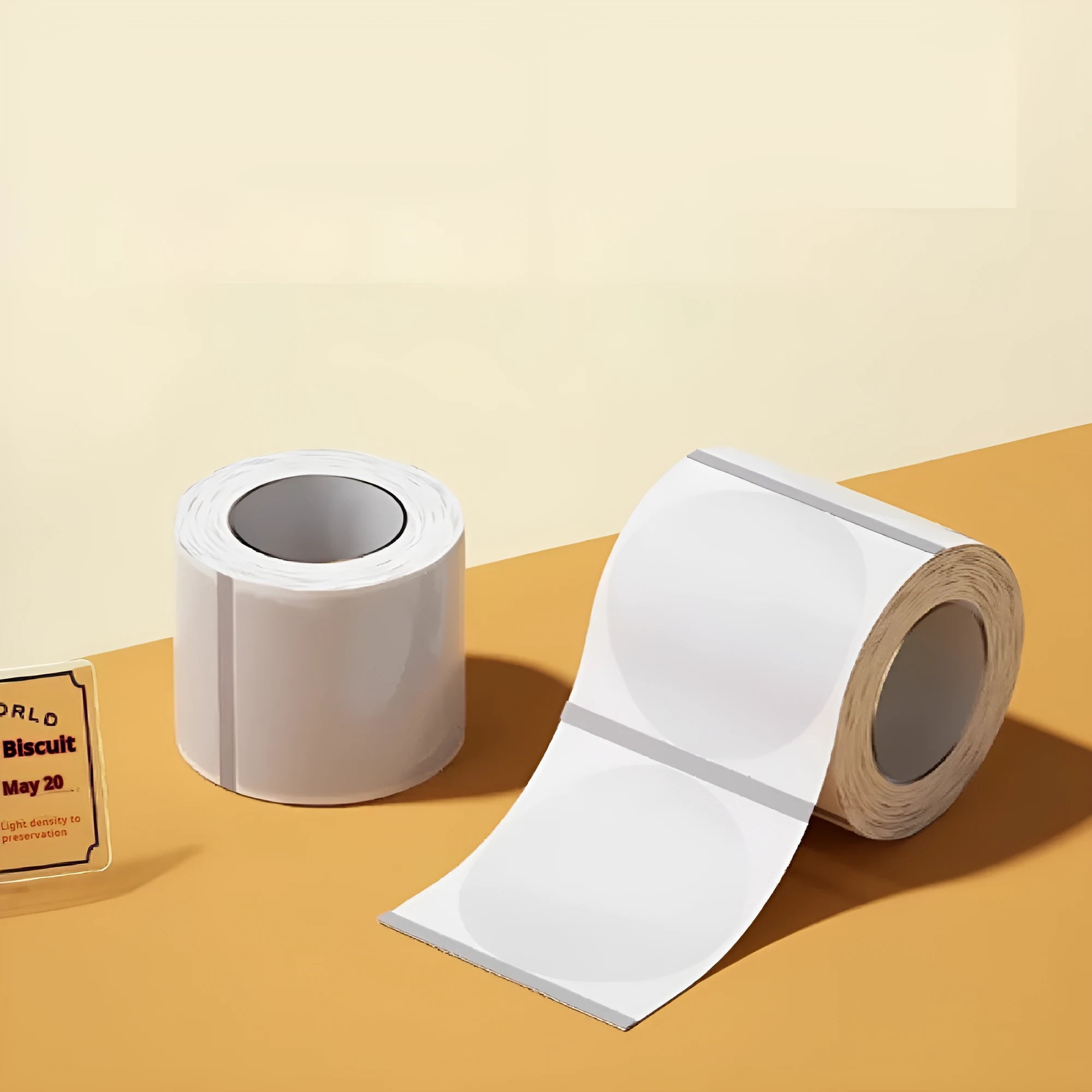 Roll of transparent waterproof thermal adhesive label stickers in various rectangular and round sizes for kitchen and office organisation.