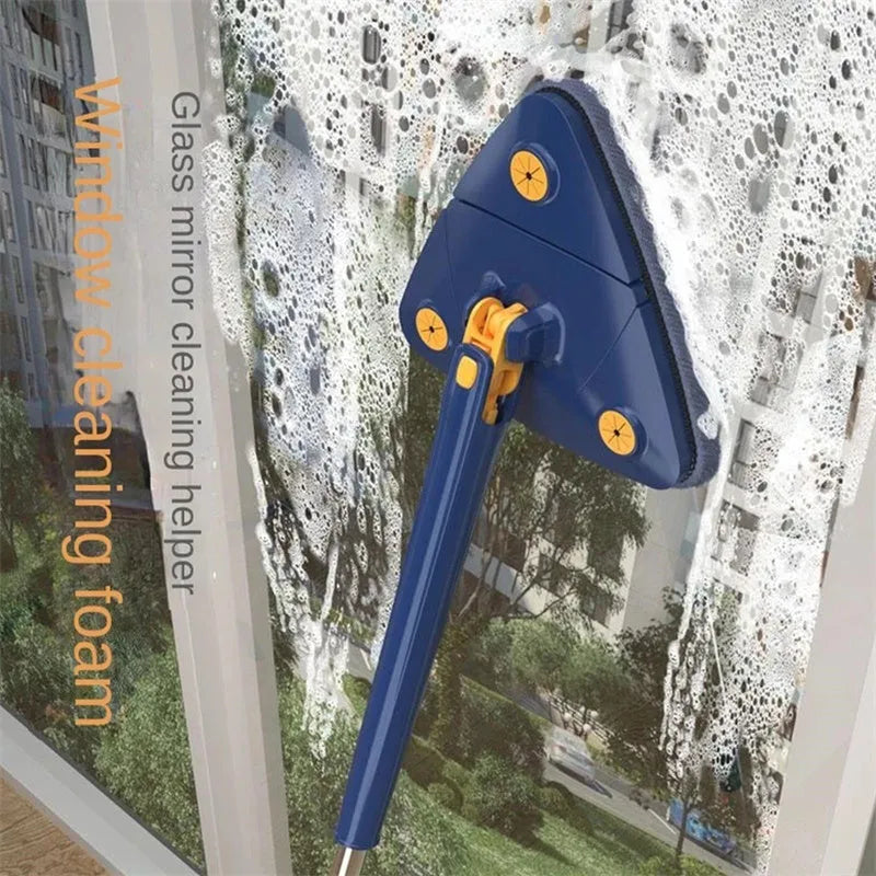 Blue extendable triangle cleaning mop with rotating head on stainless steel pole.