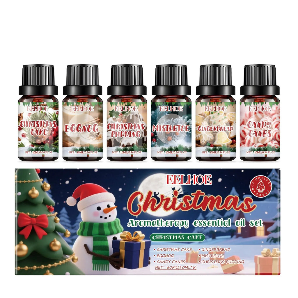 Christmas aromatherapy oil set showing six 10ml glass bottles with scented oil for home fragrance
