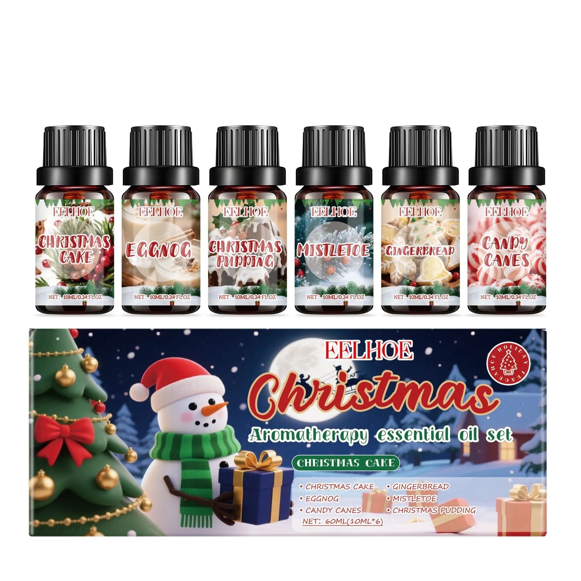 Christmas aromatherapy oil set showing six 10ml glass bottles with scented oil for home fragrance