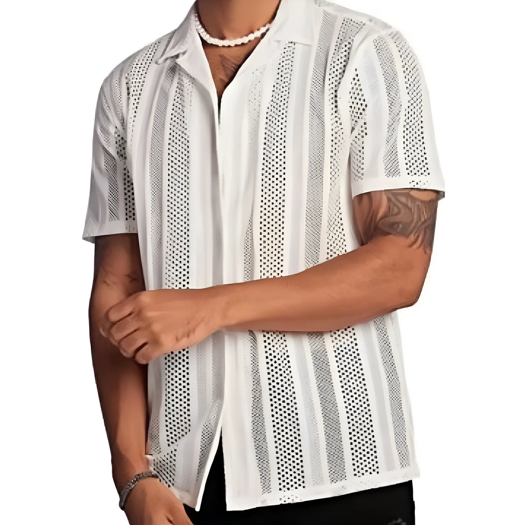Men's black knitted short-sleeve button-up shirt with a cardigan style and Jacquard texture on a hanger.