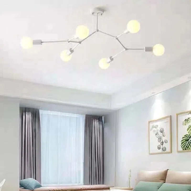 Nordic style iron ceiling chandelier with multiple head options in black or white finish