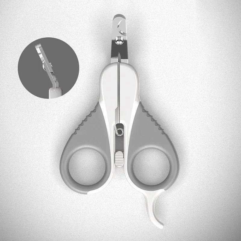 Grey and pink cat nail clippers with a safety lock and angled stainless steel blade on a non-slip rubber handle.