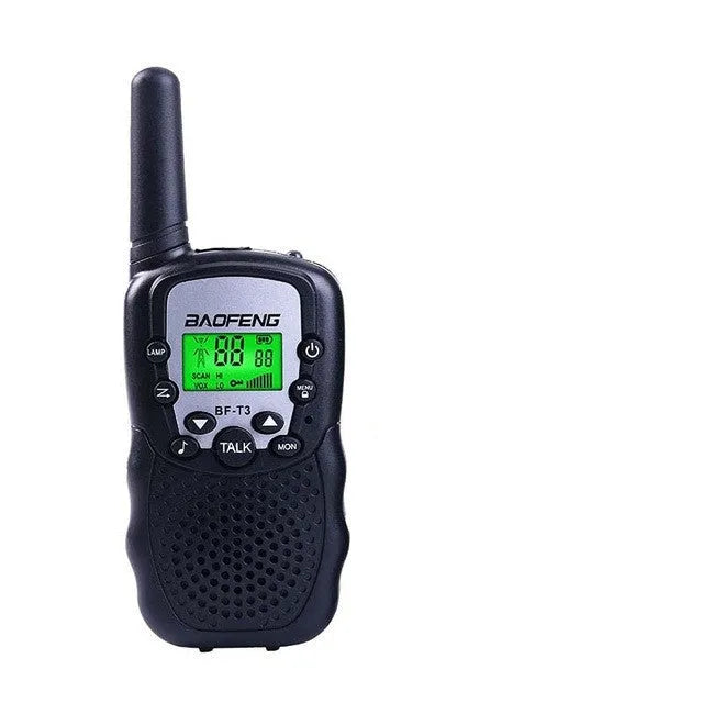 Child holding colourful walkie talkie with antenna extended, showing 22-channel display