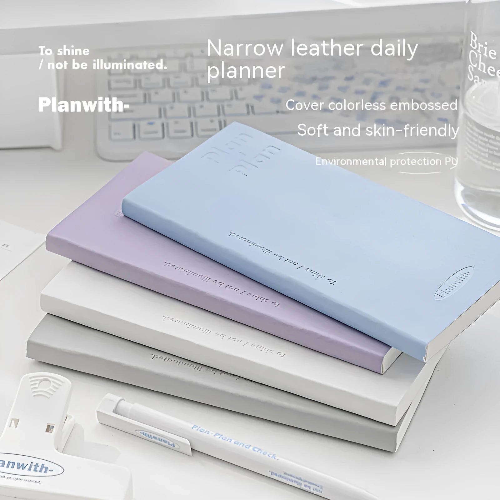 Embossed simple visual daily meter book notebook showing colour options: white, purple, blue, grey, and protective cover.