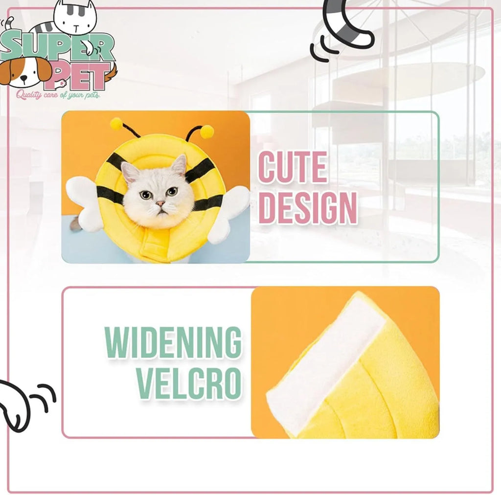 Soft fabric cat recovery collar with black and yellow bee design and white adjustable Velcro strap.