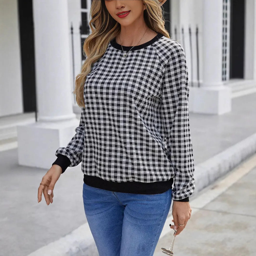 Black plaid pattern long sleeve pullover sweater with printing detail