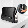 Black first layer cowhide men's fingerprint clutch wallet with zip opening and Type-C charging