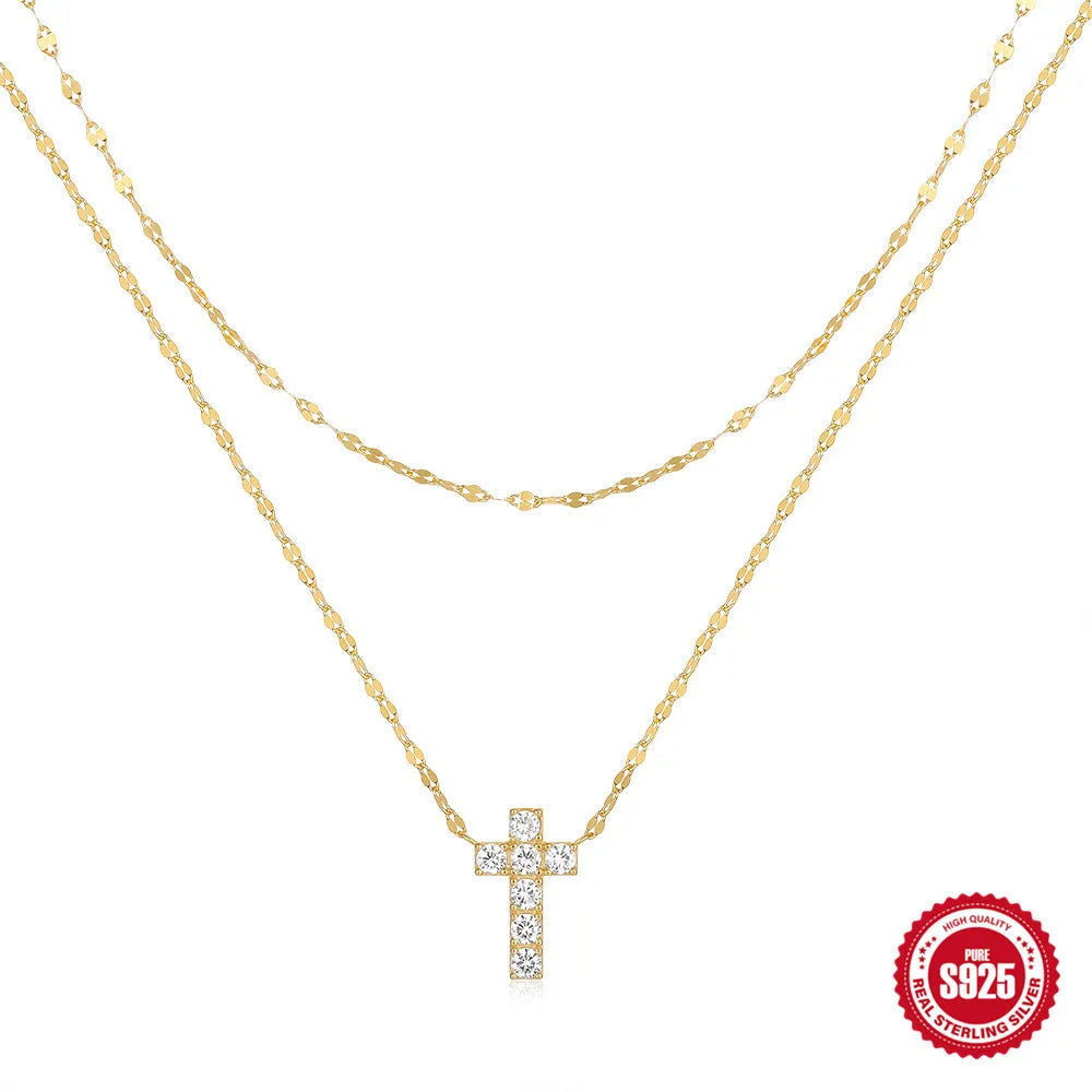 S925 sterling silver necklace with double layer twin diamond cross pendant on clavicle chain