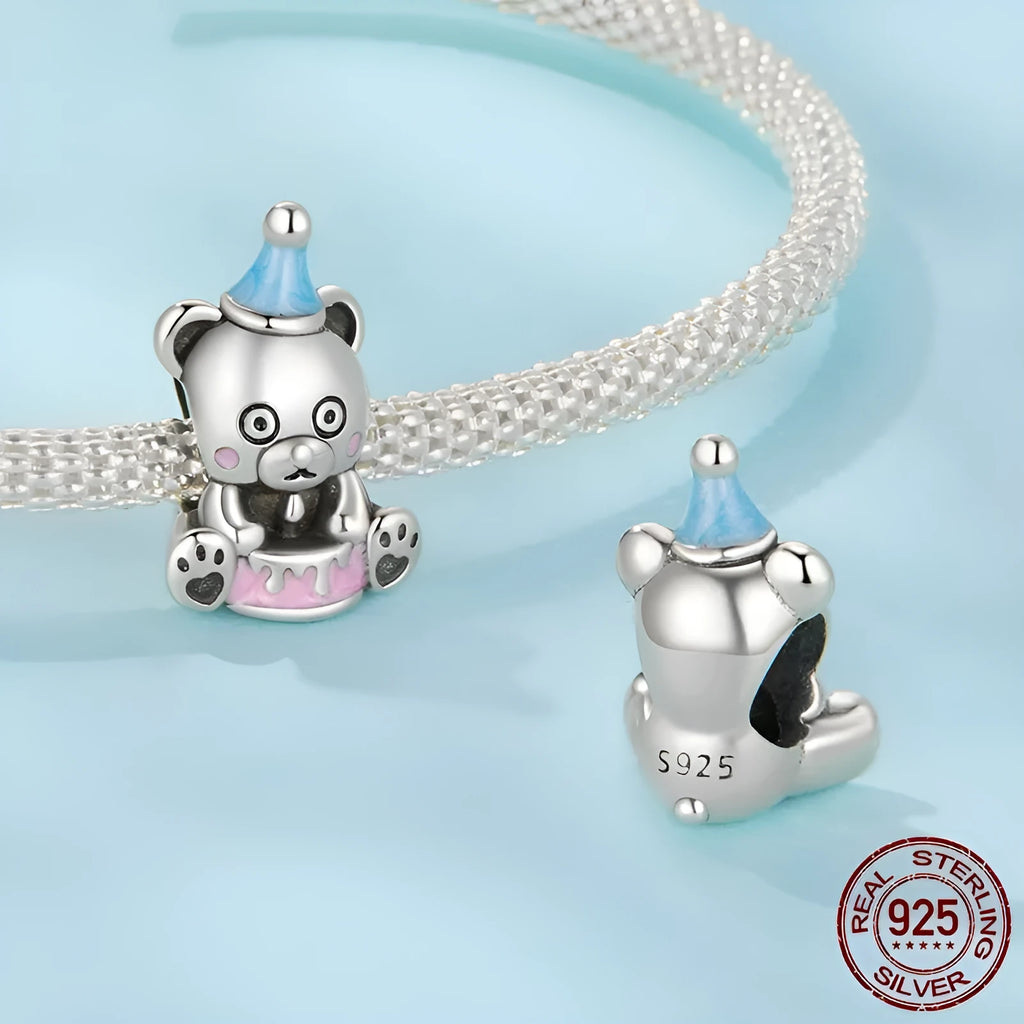 S925 sterling silver birthday cake bear bead, 1.4cm by 0.9cm, 0.45cm aperture, SCC3120 dripping oil colour