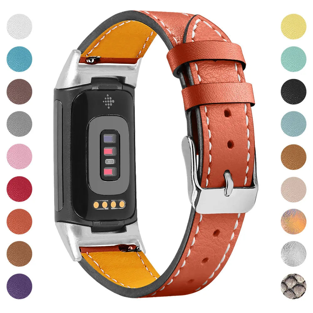 Genuine cowhide leather replacement strap with buckle clasp for Fitbit Charge 5 and Charge 6 smartwatches.