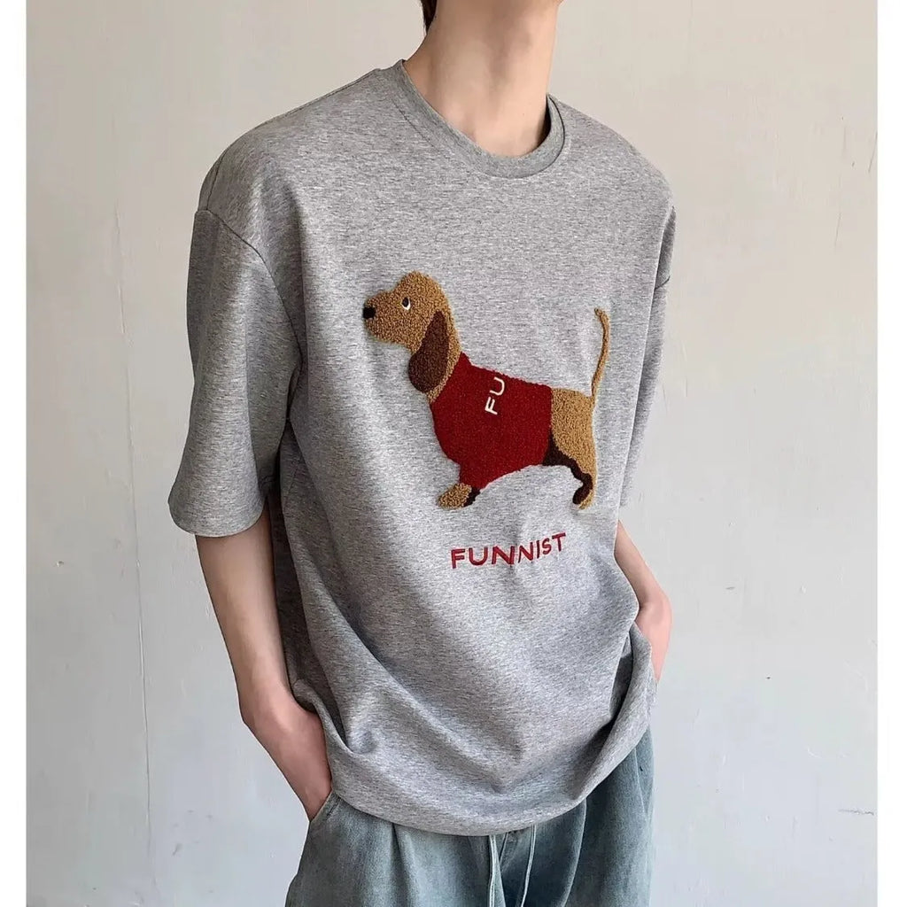 Mens grey cotton T-shirt with embroidered sausage dog towel design on front.