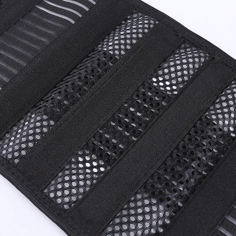 Black sports waist support belt with internal steel plate for lumbar decompression during fitness activities.