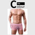 Men's mesh boxer briefs in polyester showing low waist design and breathable construction
