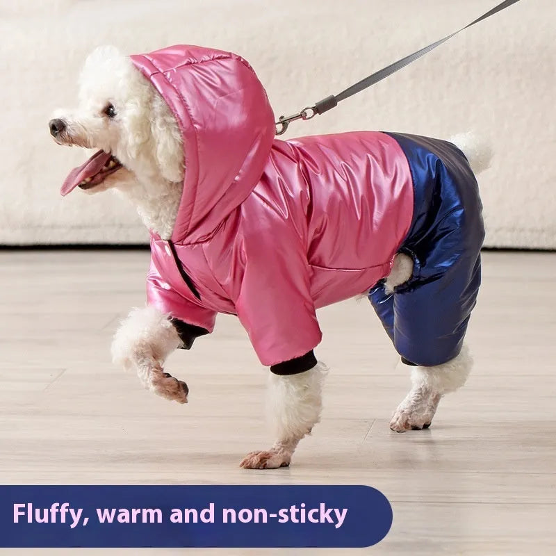 Green waterproof four-legged cotton-padded dog coat on canine model showing full leg coverage