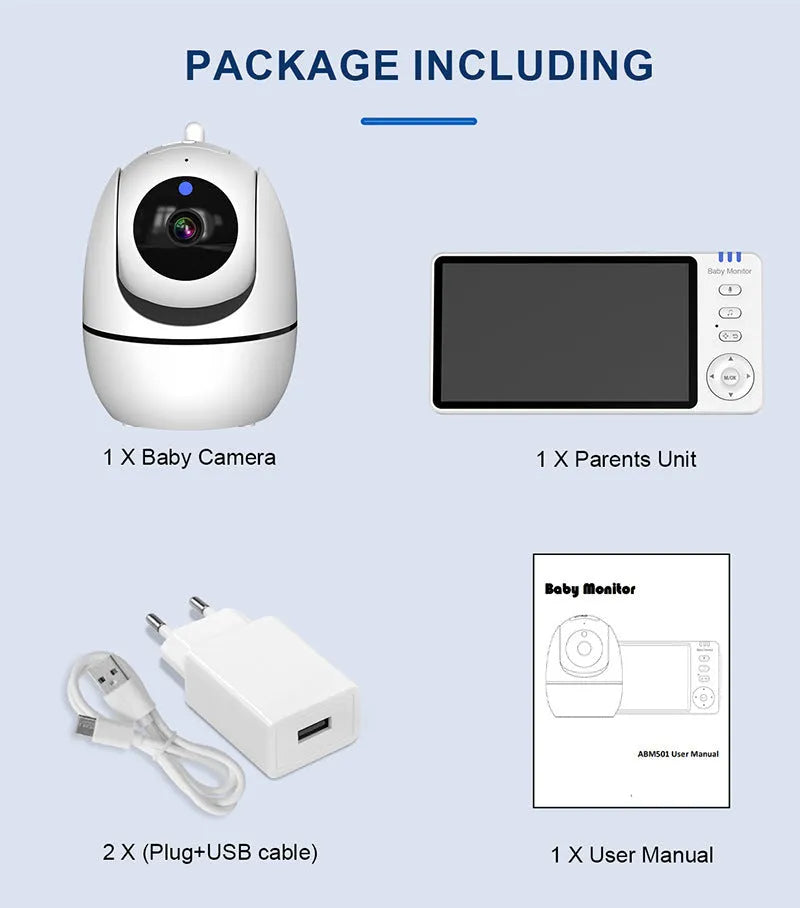 White baby monitor with 5-inch HD screen showing baby monitoring display
