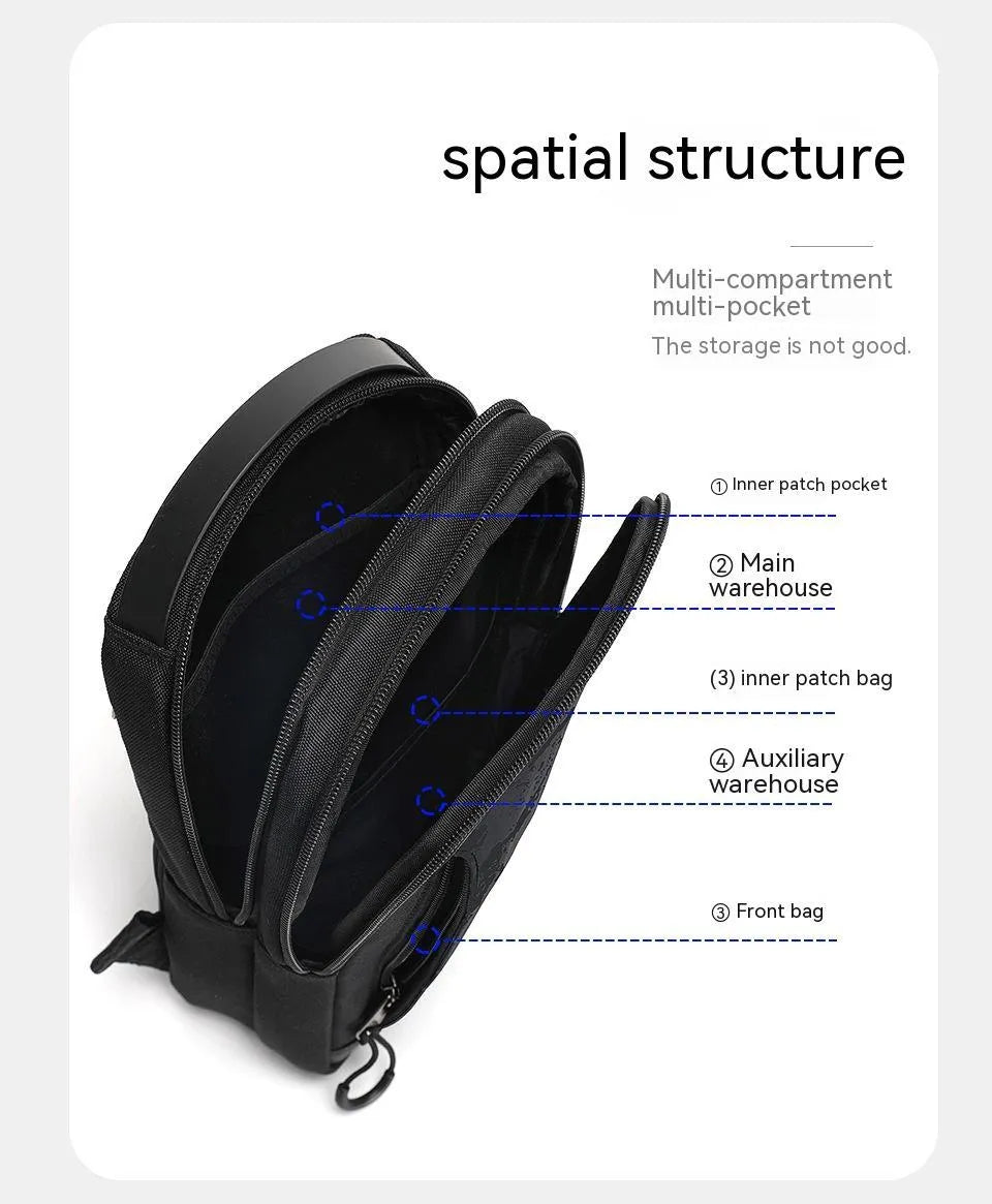 Casual black TPU waterproof chest bag with single strap and square vertical shape.