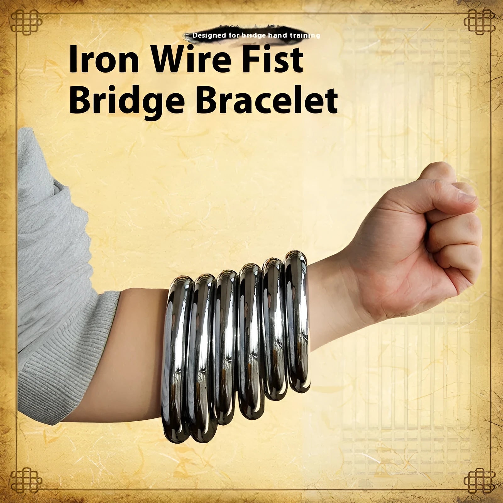 A silver-coloured carbon steel Wing Chun training ring for martial arts strength conditioning.