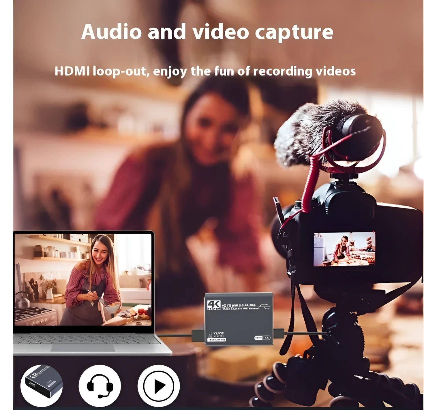 Black 4K gaming set-top box with MS2131 chip for 1080 video recording