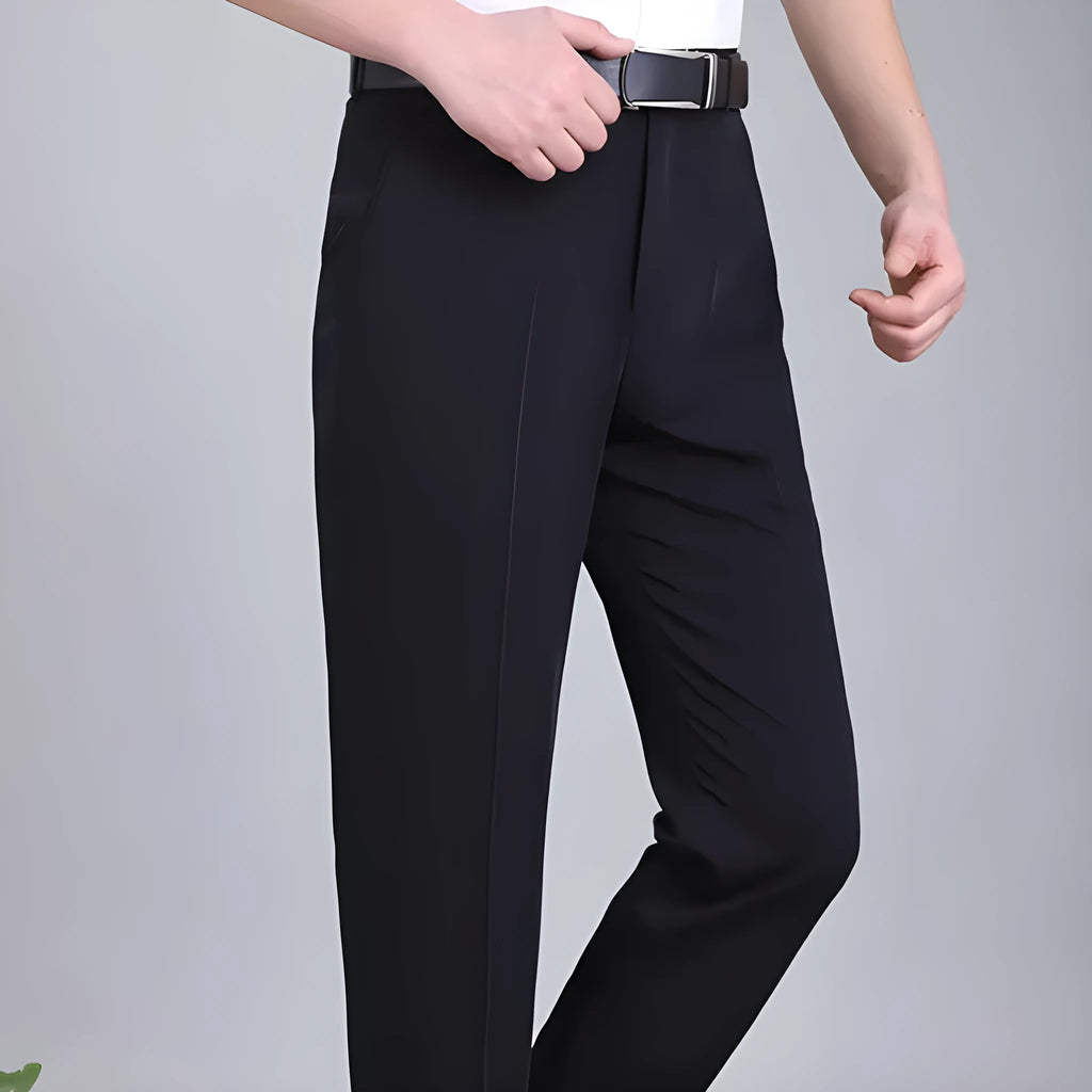 Men's mulberry silk blend suit pants in dark blue with high waist straight leg cut for business wear