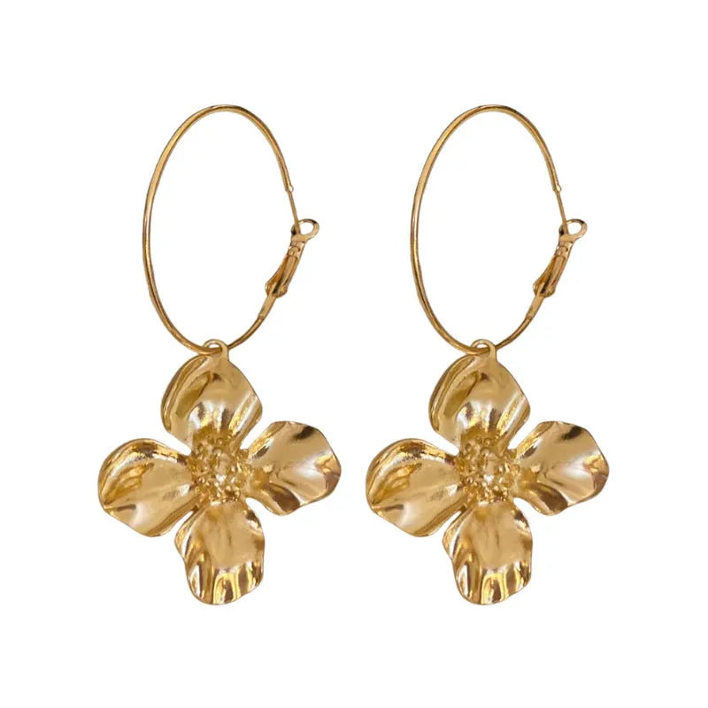 Silver needle geometric flower drop earrings with electroplated gold or silver finish, vintage metal jewellery design