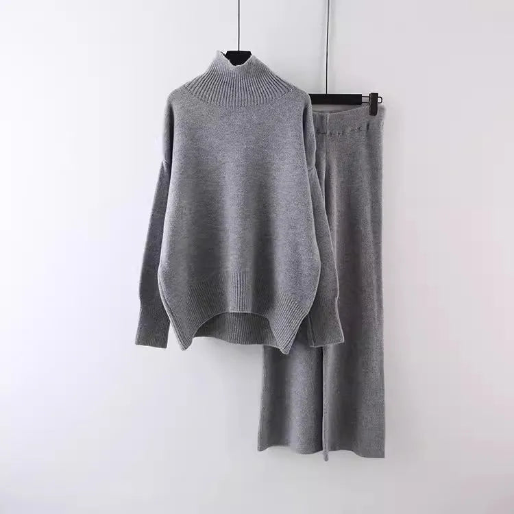 Women's casual two-piece set with acrylic sweater and wide-leg trousers in solid colour