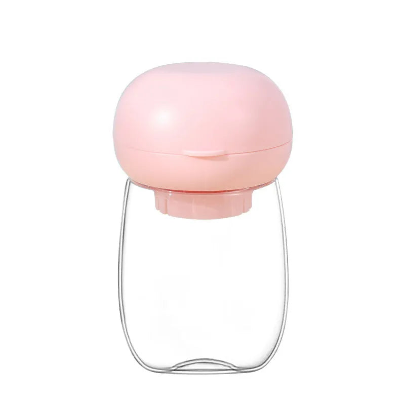 Foldable 300ml plastic pet drinking cup in mushroom design, shown for cats and dogs outdoors