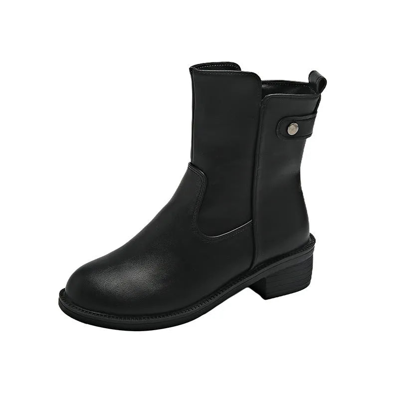 Black women's ankle boots with a side zip and round toe on a low heel.