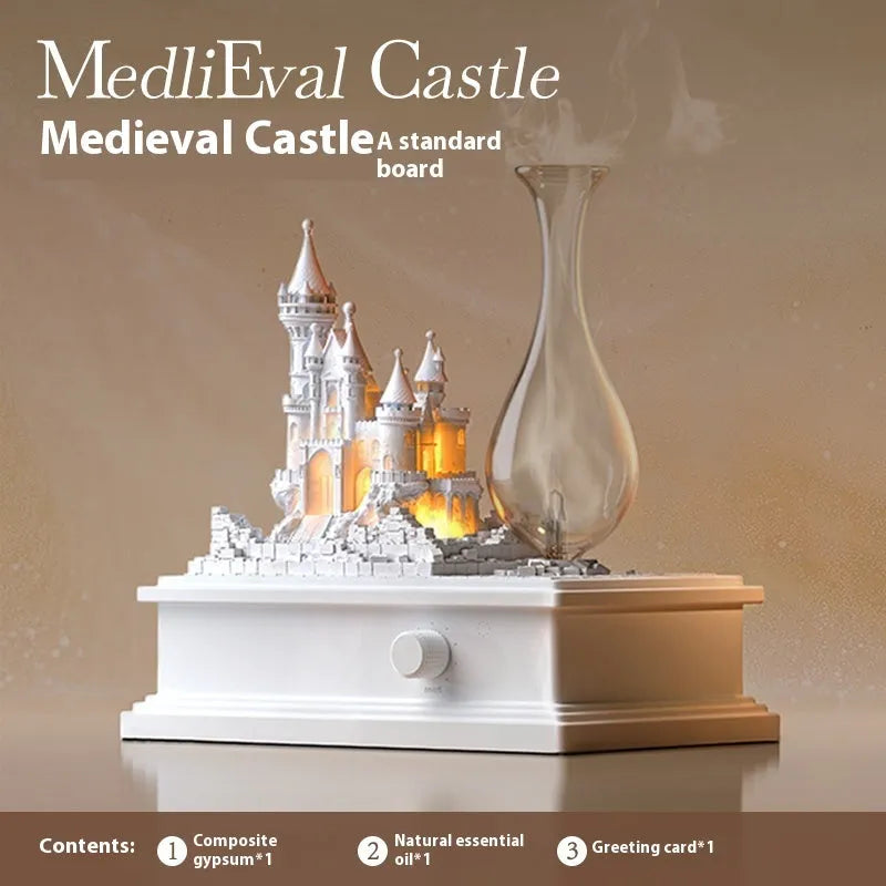 White medieval castle aromatherapy machine with charging cable and essential oil bottle