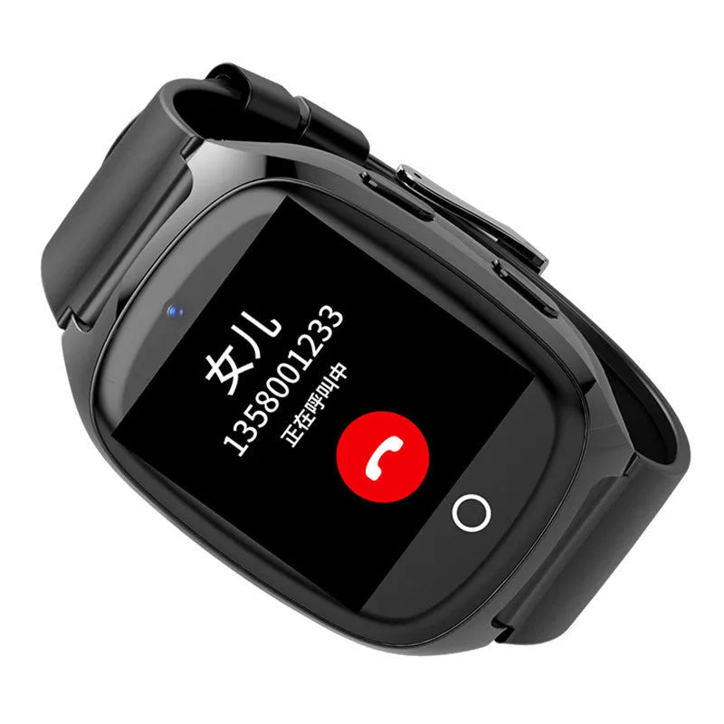 Black GPS tracker smartwatch with 1.54-inch touch screen showing heart rate monitoring and SOS alarm function.