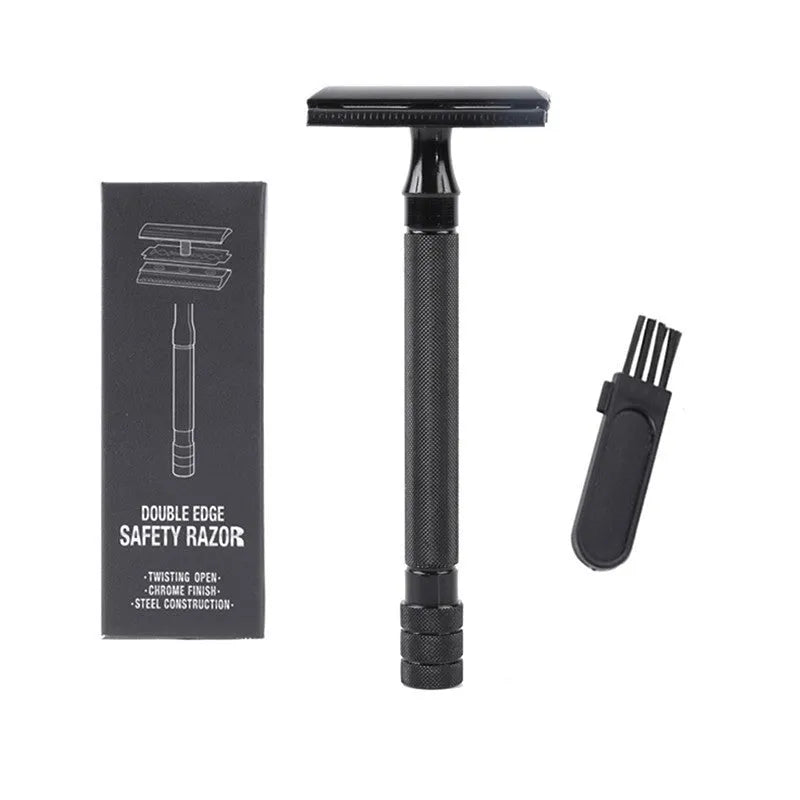 Manual barber shaving razor and brush combination set in traditional metal construction
