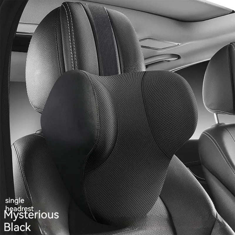 Memory foam automotive lumbar support pillow and matching headrest cushion in knitted fabric