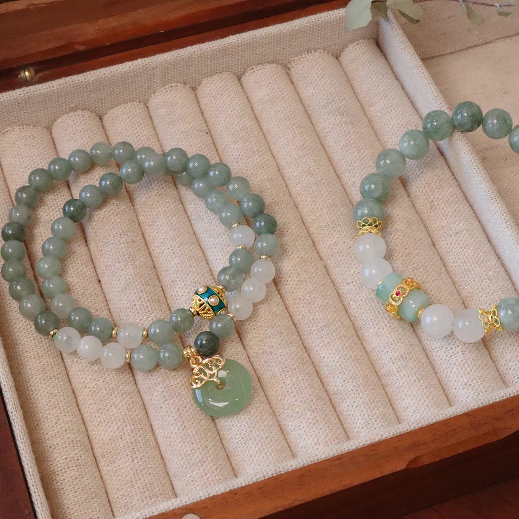 Women's Myanmar jade bracelet with geometric shapes and peace buckle charm on safety buckle