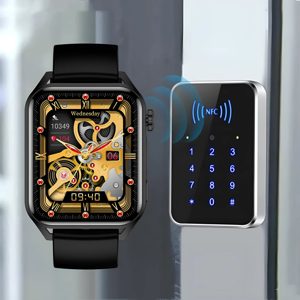 Black smart watch with HD AMOLED screen and silicone strap on a wrist, showing a multi-dial display.