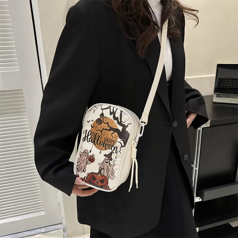 Halloween graffiti phone bag with pumpkin ghost bat print crossbody design