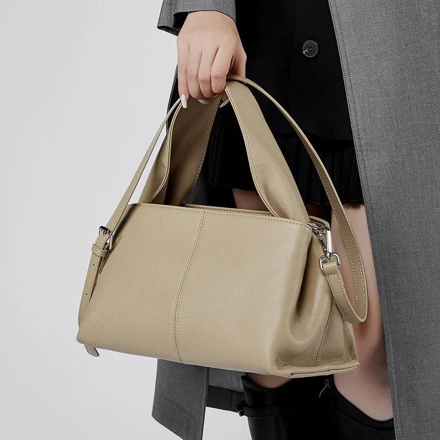 Women's solid colour retro texture cowhide leather messenger bag in horizontal square shape
