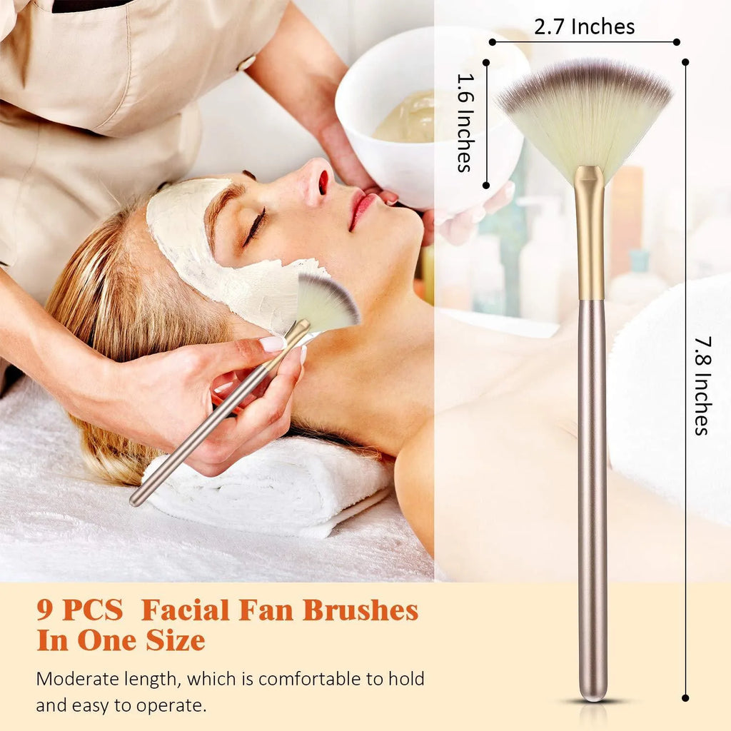 Set of 10 champagne-finish facial fan brushes with protective covers for professional makeup and skincare