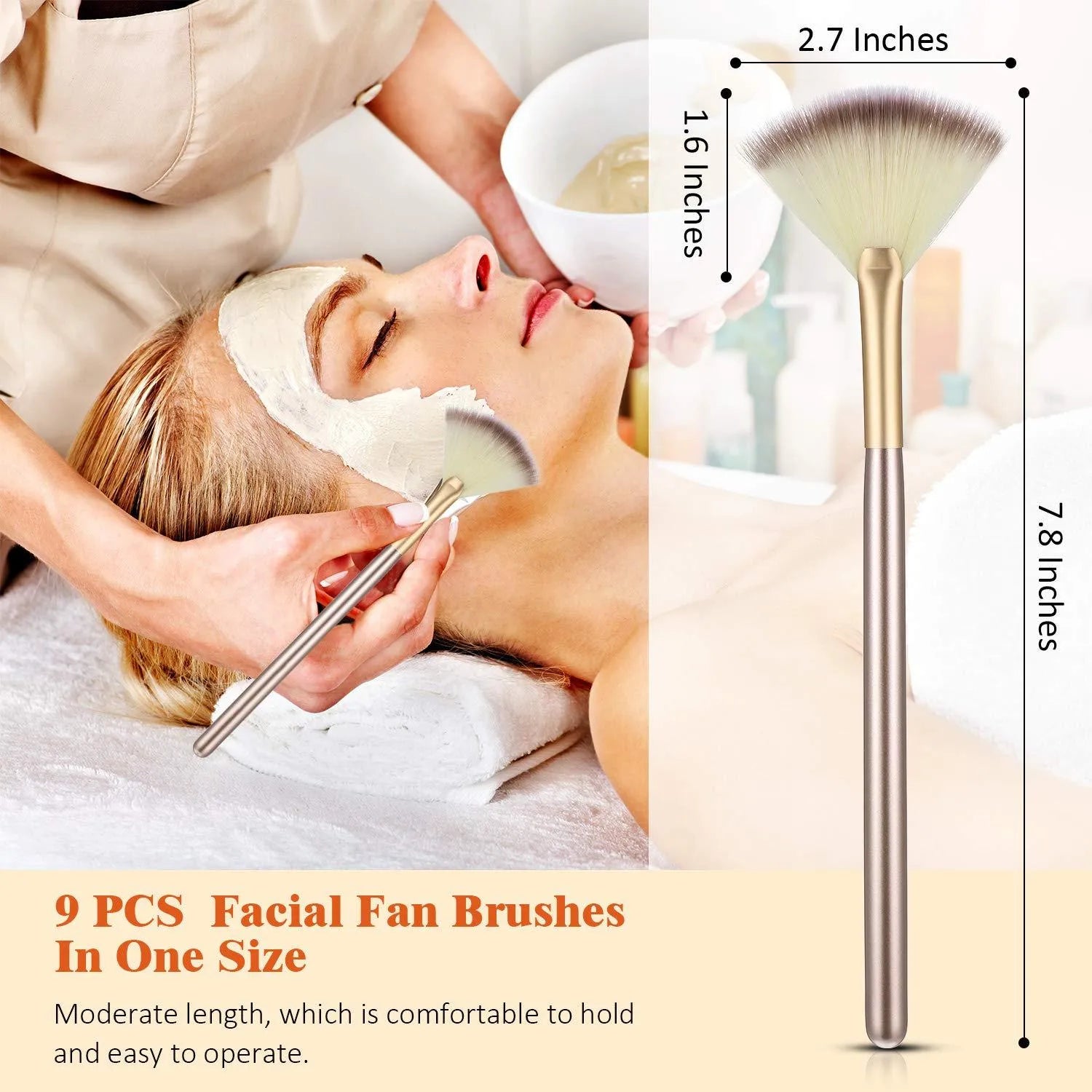 Set of 10 champagne-finish facial fan brushes with protective covers for professional makeup and skincare