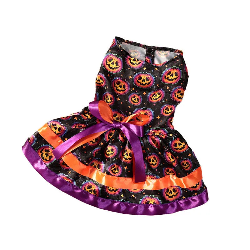 Halloween dog skirt costume with colourful pumpkin pattern on pet