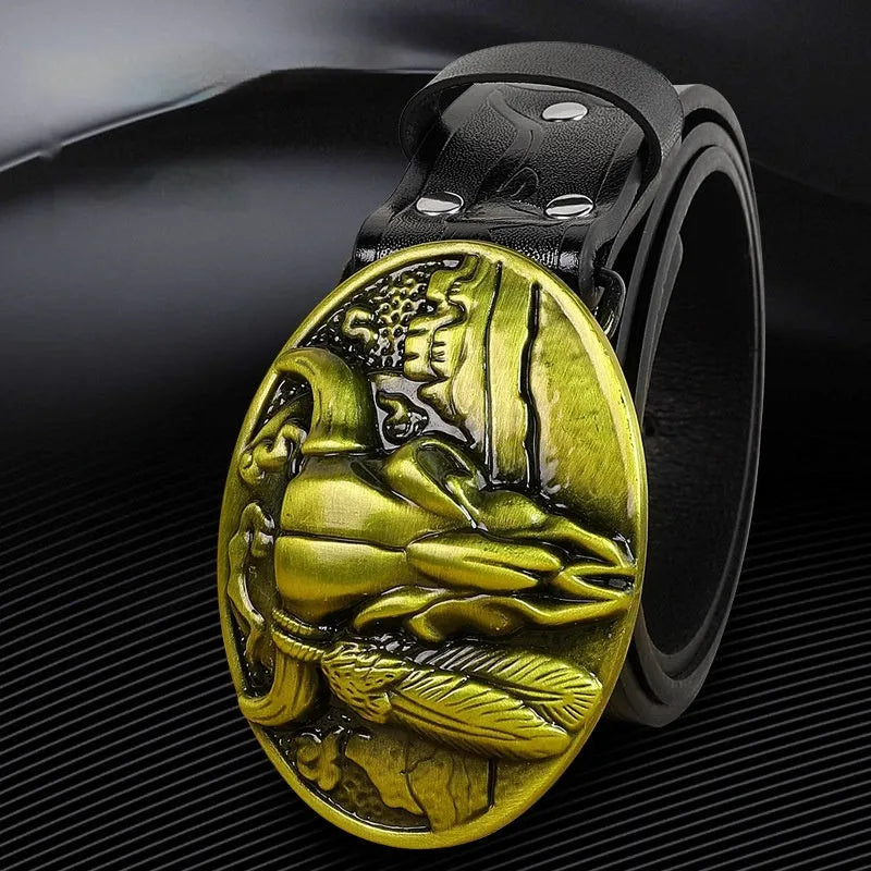 Men's black imitation leather belt with a detailed alloy cow head buckle and pin clasp.