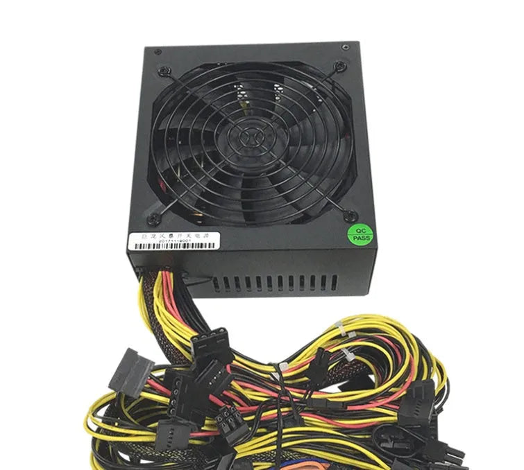 Black server power supply unit with multiple cable connectors including 12 GPU and 3 D-type ports.