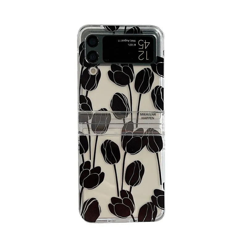 Floral phone case for Samsung Galaxy Z Flip with daisy or tulip patterns on PC material