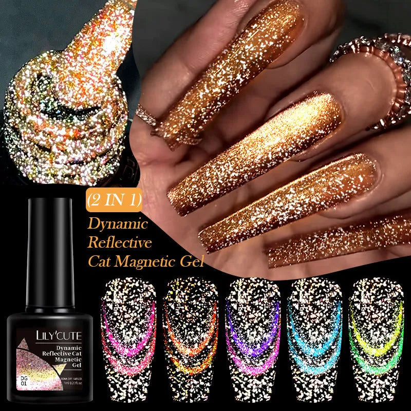 Cat eye series nail polish gel bottle showing diamond glitter fragments in one of six available colour options