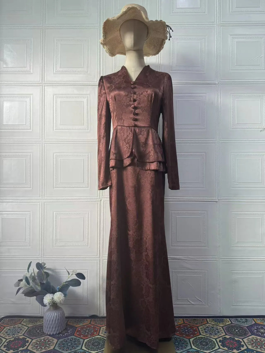 Dark brown artistic retro women's long dress with plant patterns, button details, and long sleeves